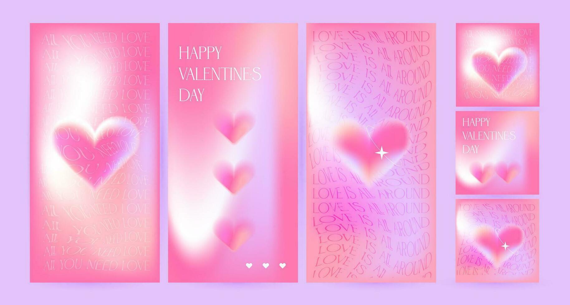 Y2k Trendy Aesthetic abstract gradient pink social media backgrounds set with translucent aura hearts and blurred pattern. Covers, stories highlight template for digital marketing. Vector eps10 design
