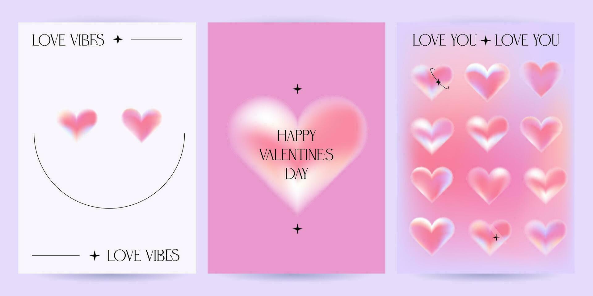 Happy Valentine's Day greeting card set with blurry Gradient hearts. Typography poster in y2k aesthetic. Social media template. Sale promotion. Fashion advertising banner. Trendy vector illustration.