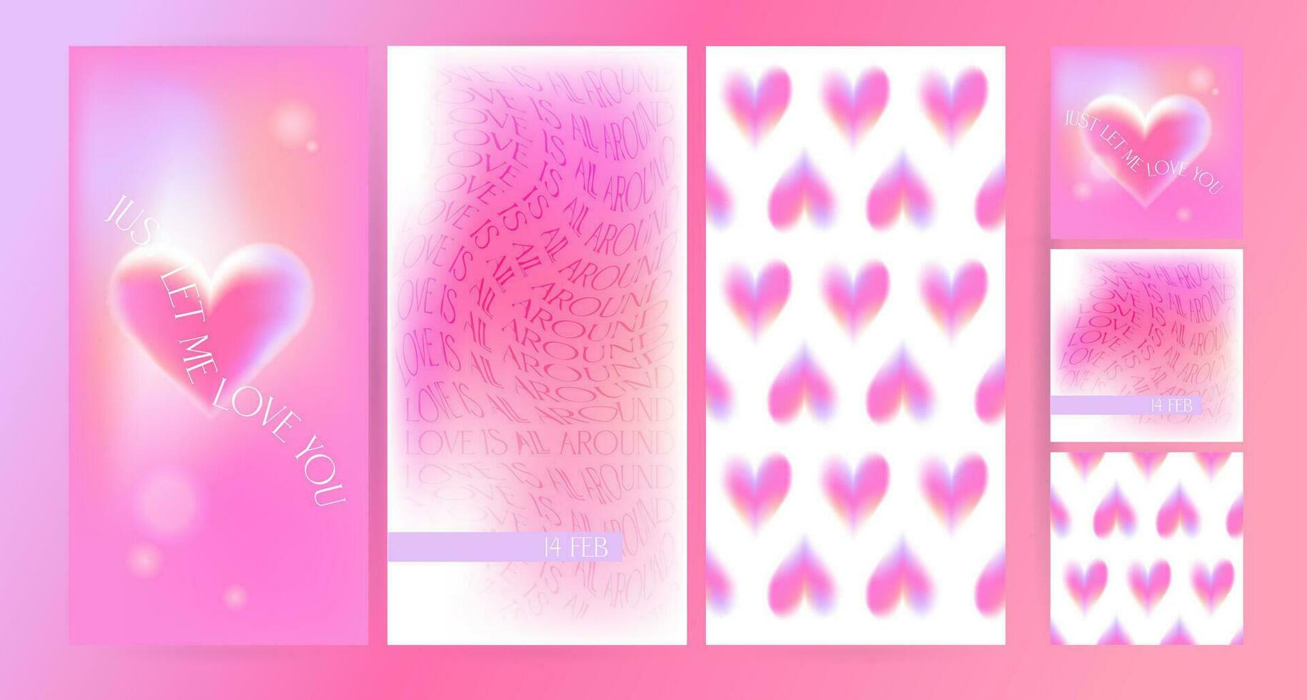 Trendy minimalist y2k design Valentine's Day party invitation set for social media. Blurry aesthetic vector illustrations with aura hearts, abstract unfocused gradient and typography. Vector eps10