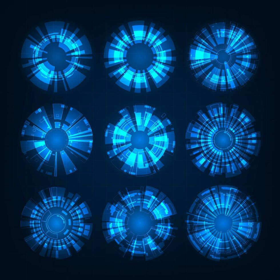 Vector set glowing HUD frame light effect. Futuristic digital circles. Sci-fi element.