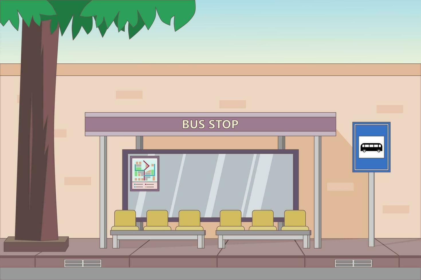 Bus stop with shelter on city street. Urban landscape with public transport station. Vector illustration.