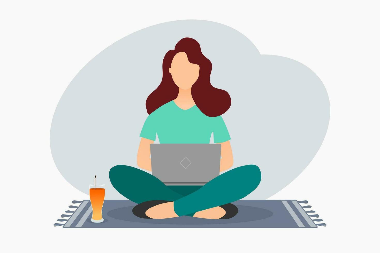 A young woman sitting on the floor and working on a laptop. Vector illustration.