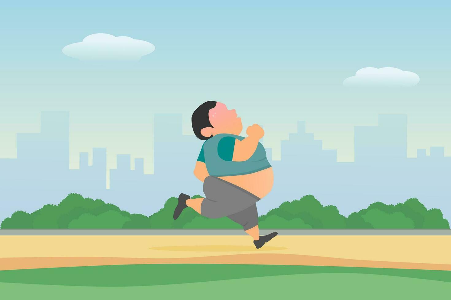 Fat man running in the city park to lose weight. Vector illustration.