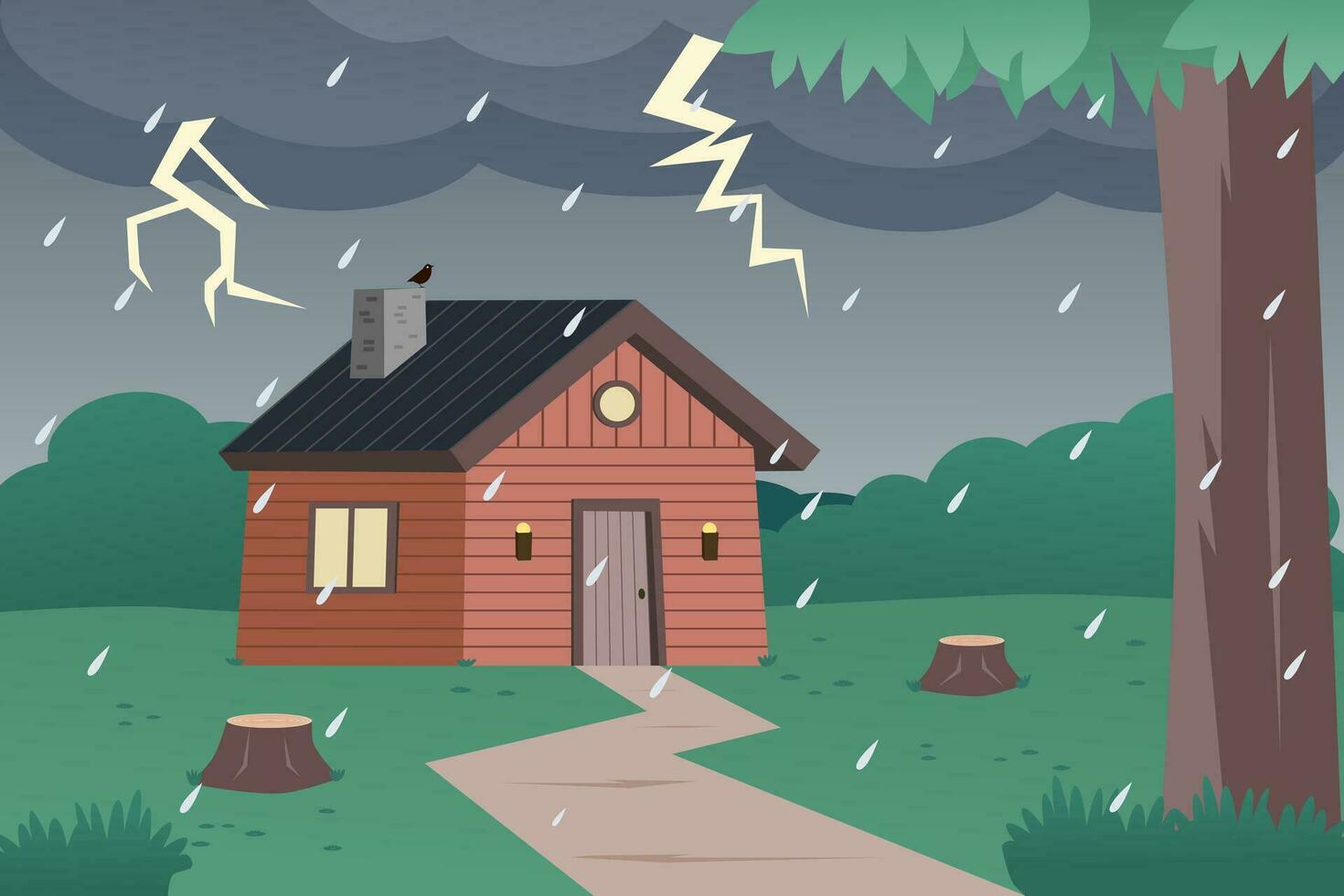 Wooden house in the forest in rainy weather. Rain and storm. Vector illustration.