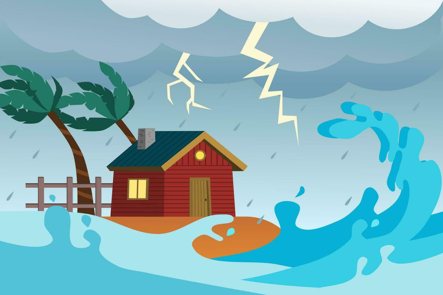 tsunami marina tormenta paisaje. grande olas y un casa en el playa. vector ilustración.