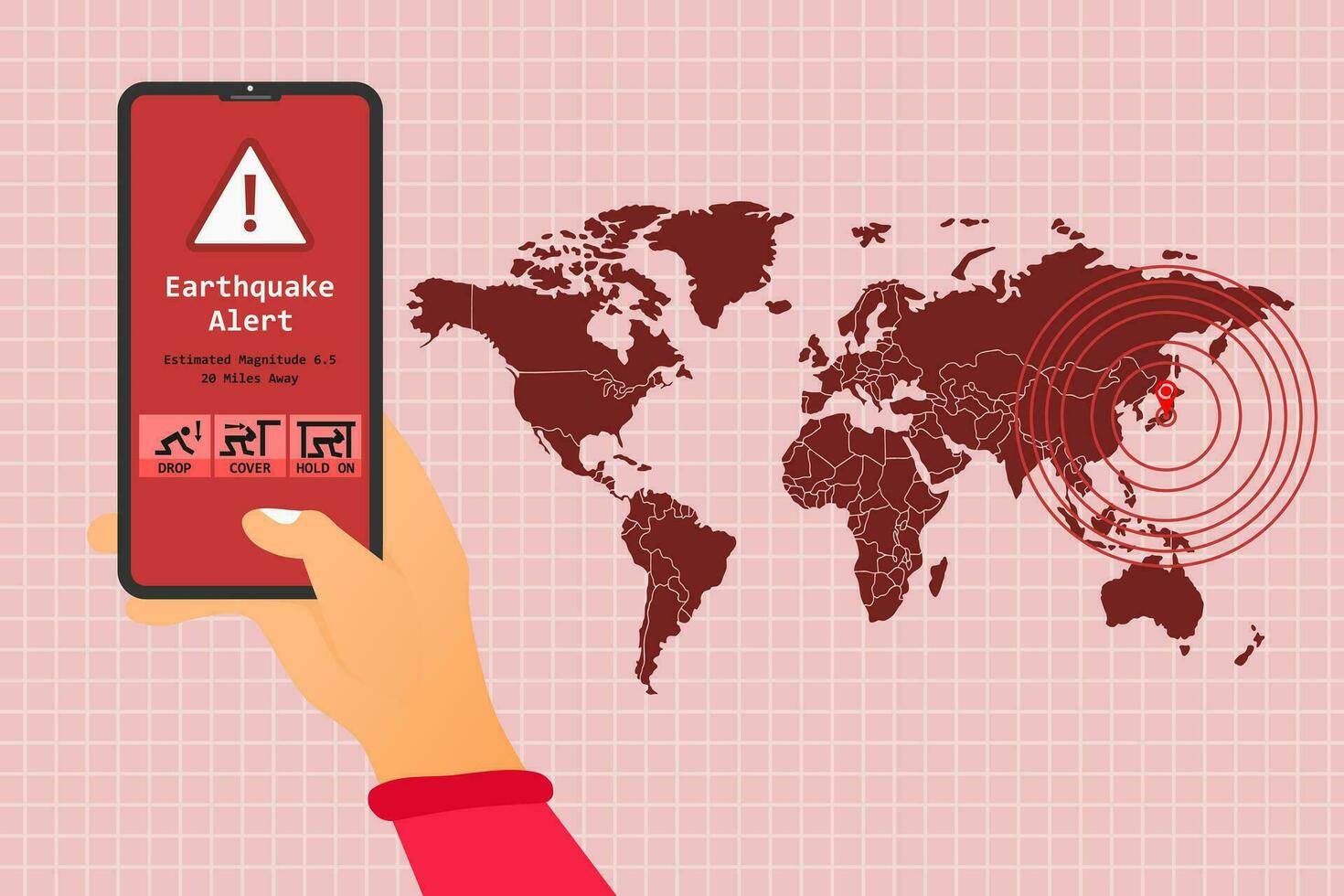 terremoto aplicación alerta en el teléfono con la seguridad guía. pulsación epicentro ubicación marca y mundo mapa. vector ilustración.