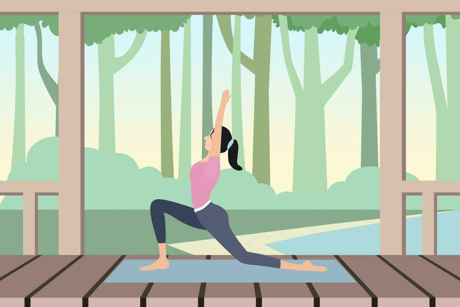 un joven mujer en ropa de deporte en pie en yoga actitud en terraza con arboles en antecedentes. vector ilustración.