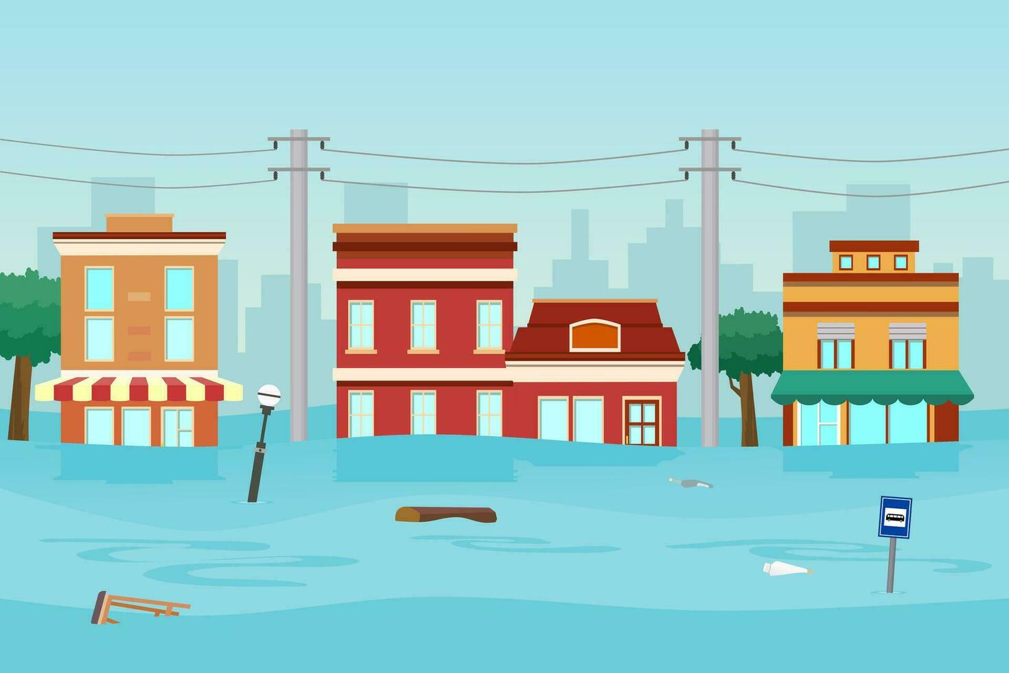 inundar desastre en ciudad. inundado edificios vector ilustración.