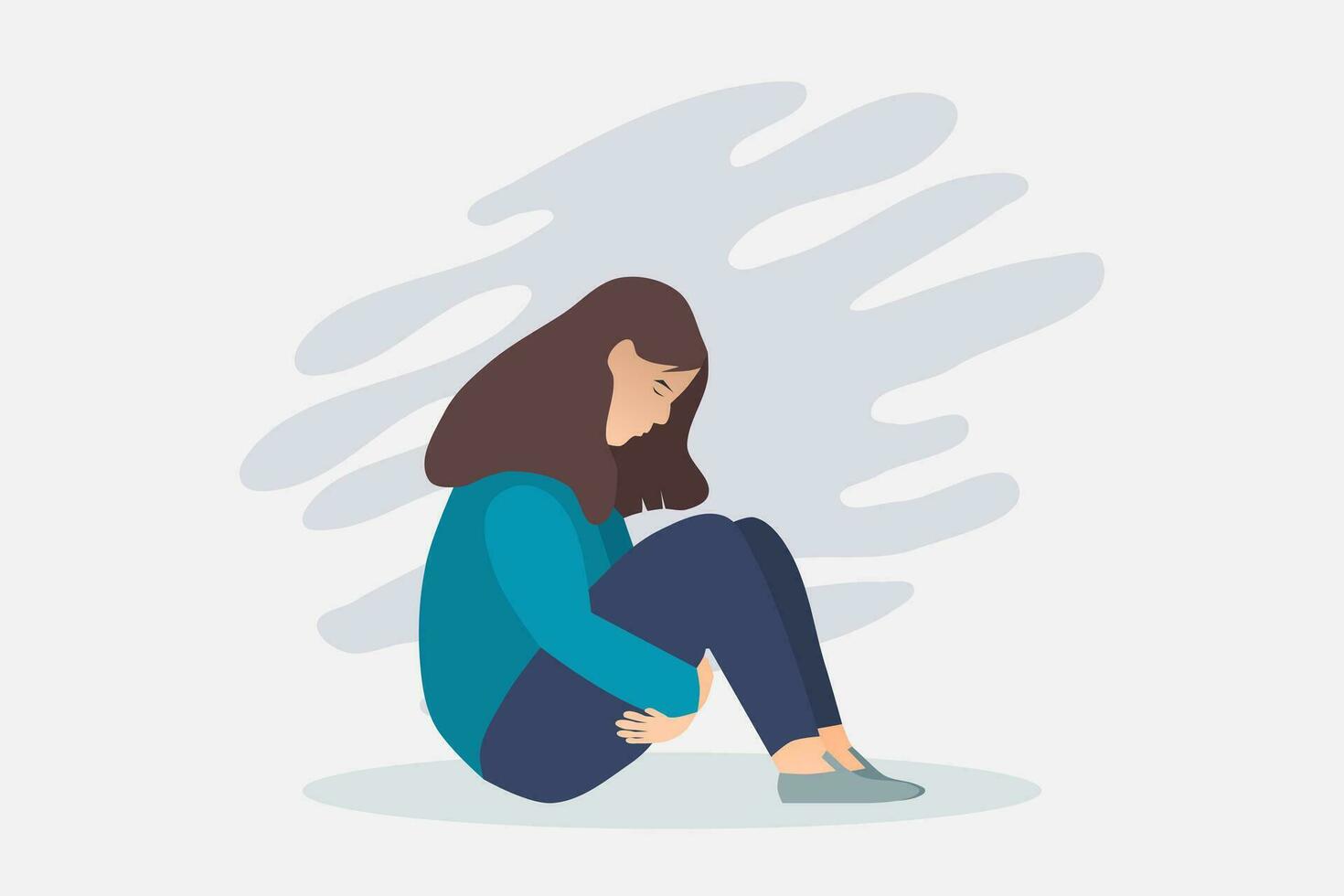 Woman in depression. Young sad girl sitting and unhappy hugging her knees. Vector illustration.