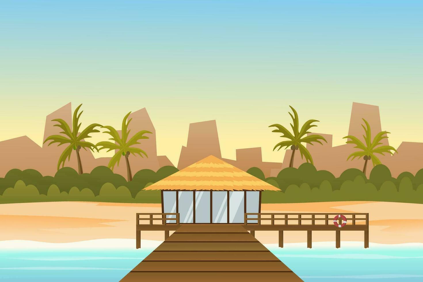 Beach hut or bungalow on tropical island resort. Vector illustration.