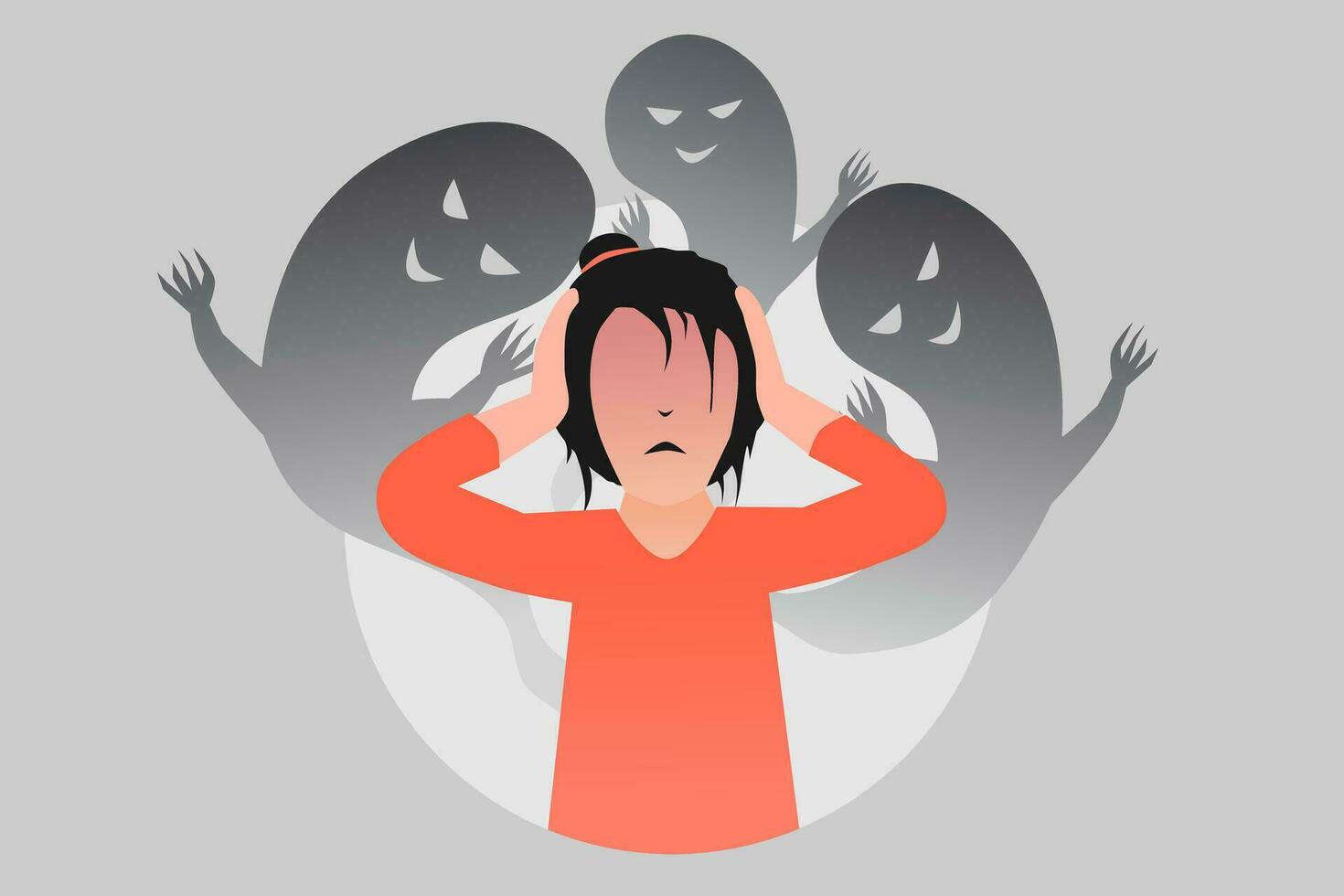 Fear, panic, phobia, frustration attack concept. Frightened woman with scary shadow ghosts in background. Vector illustration.
