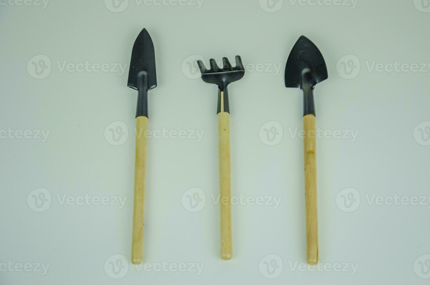Garden tool rake with shovel on white background photo