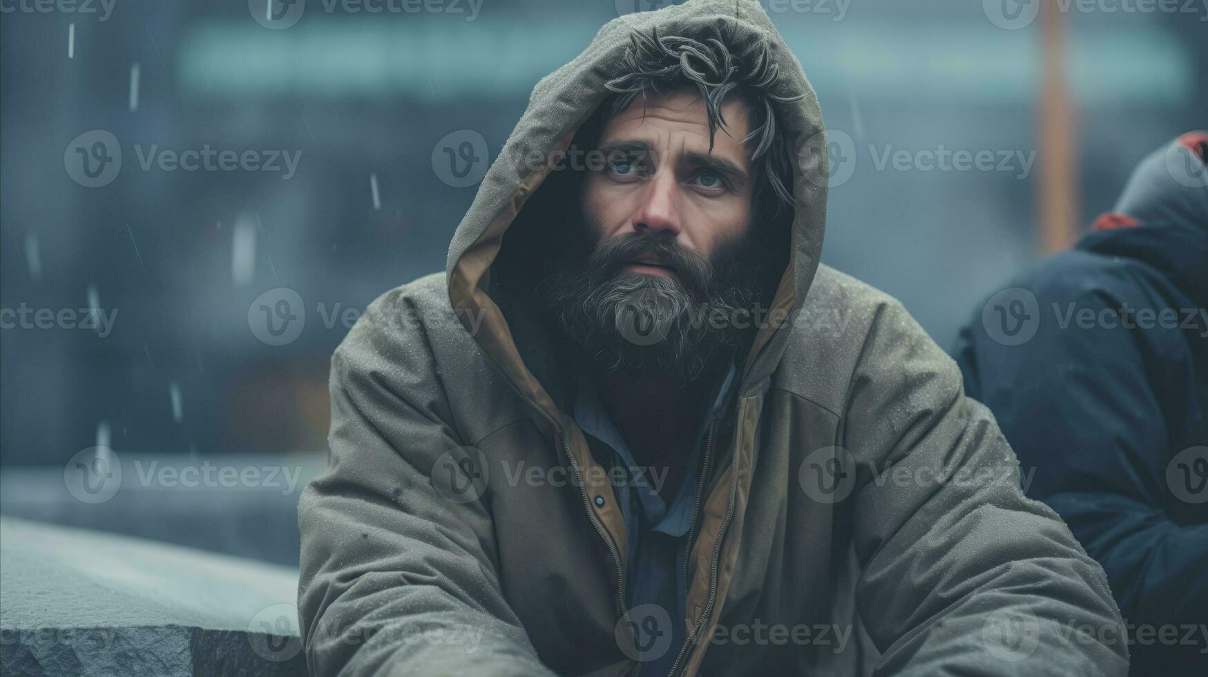 AI generated A homeless man in a hoodie sits on steps in the rain, seeking shelter and warmth amidst difficult circumstances. photo