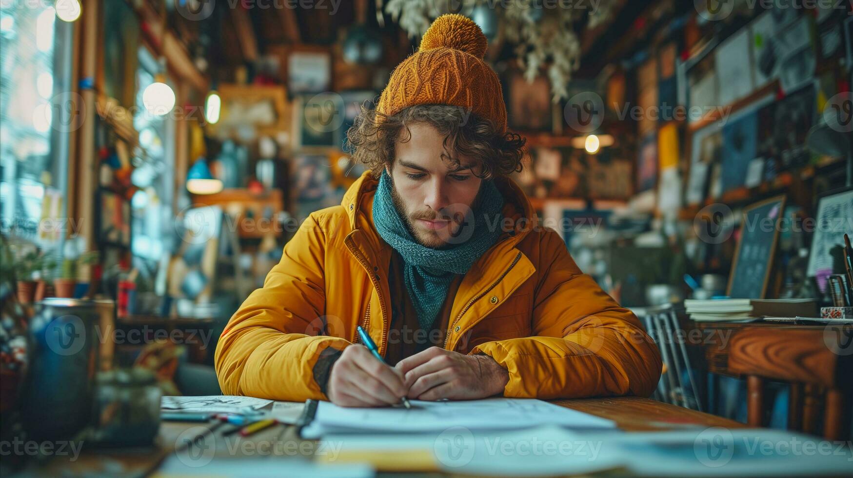 AI generated Focused man writing in notebook at cozy cafe during winter photo