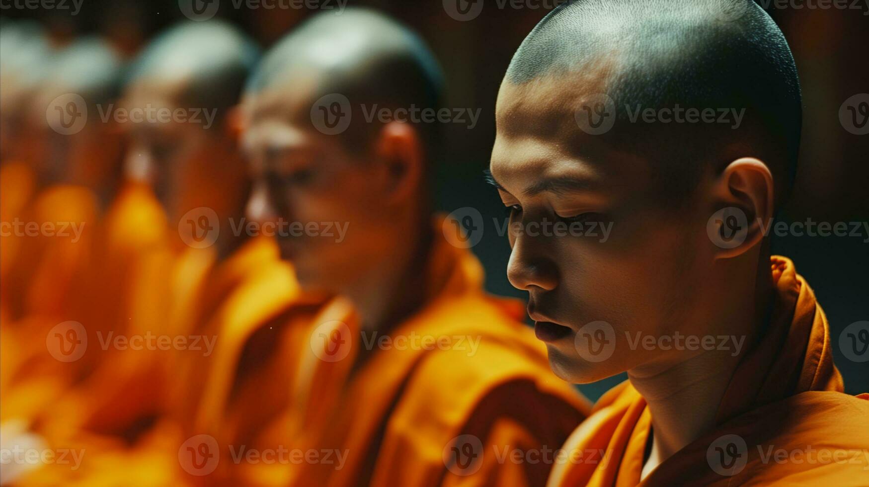AI generated A group of monks sitting in a line. Generative AI photo