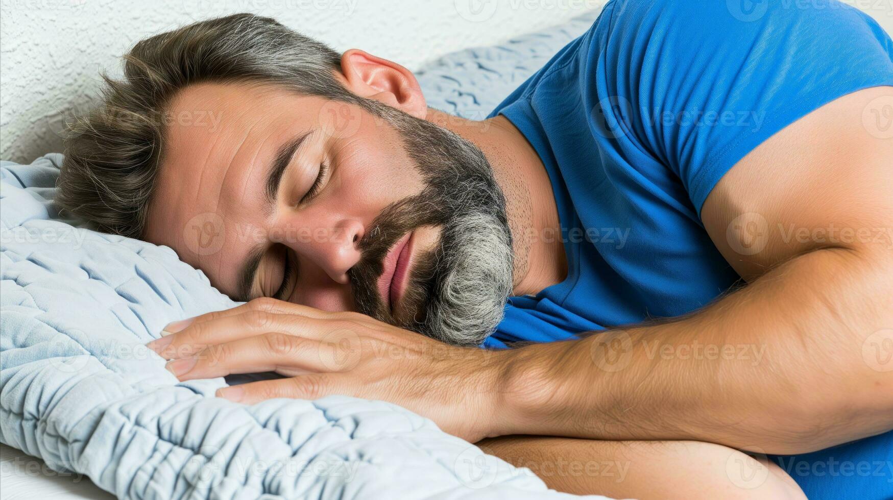 AI generated A person sleeping peacefully on a bed with closed eyes and a relaxed expression. Generative AI photo