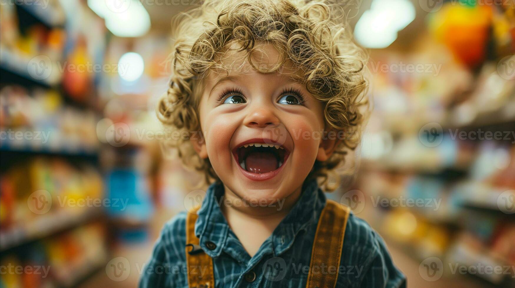 AI generated Joyful toddler laughing in grocery store aisle with bright background photo