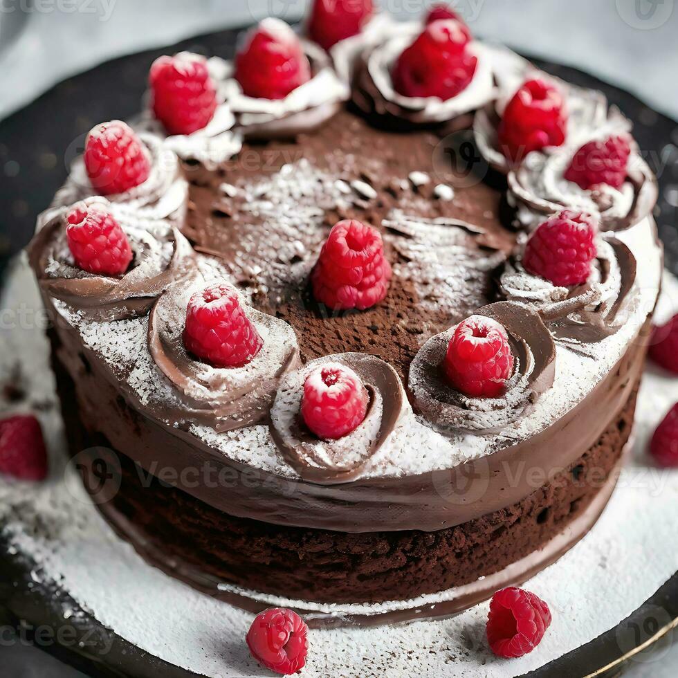 AI generated Raspberry Elegance Close-Up Shot of Luscious Chocolate Cake photo