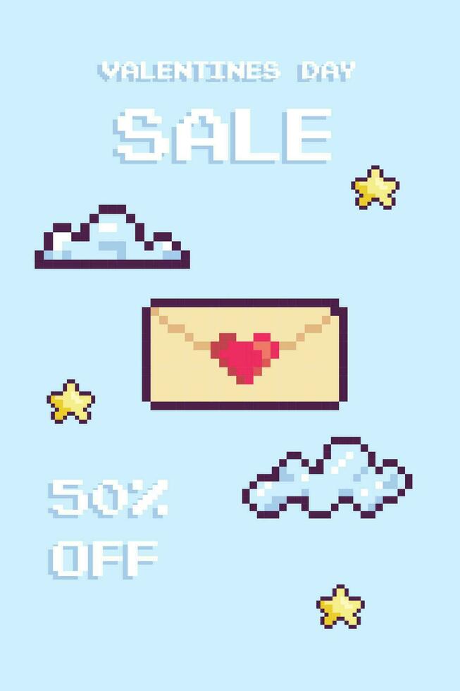 Pixel banner, printable valentines day discount poster, 8bit, retro, y2k vector