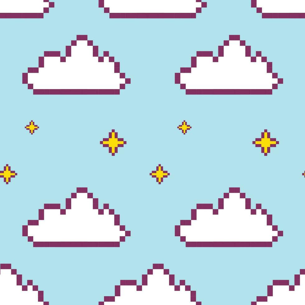 star pixel sky, stars and clouds seamless pattern, squares, retro vector