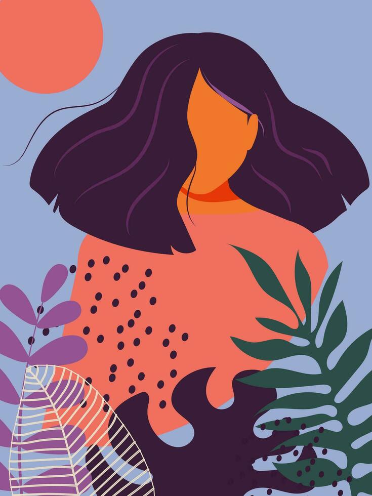 A woman with purple flowing hair is in nature among tropical leaves, is engaged in mental health. Vector. vector