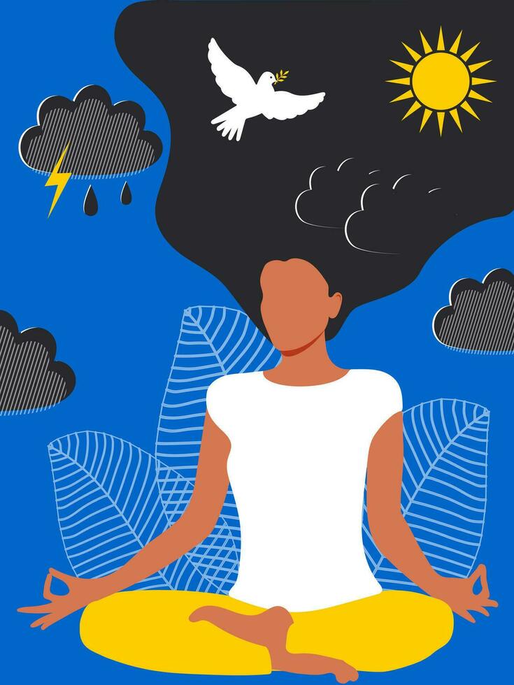 A cute girl with long hair sits in the lotus position and meditates. Mentally dreams of peace and quiet. Vector. vector