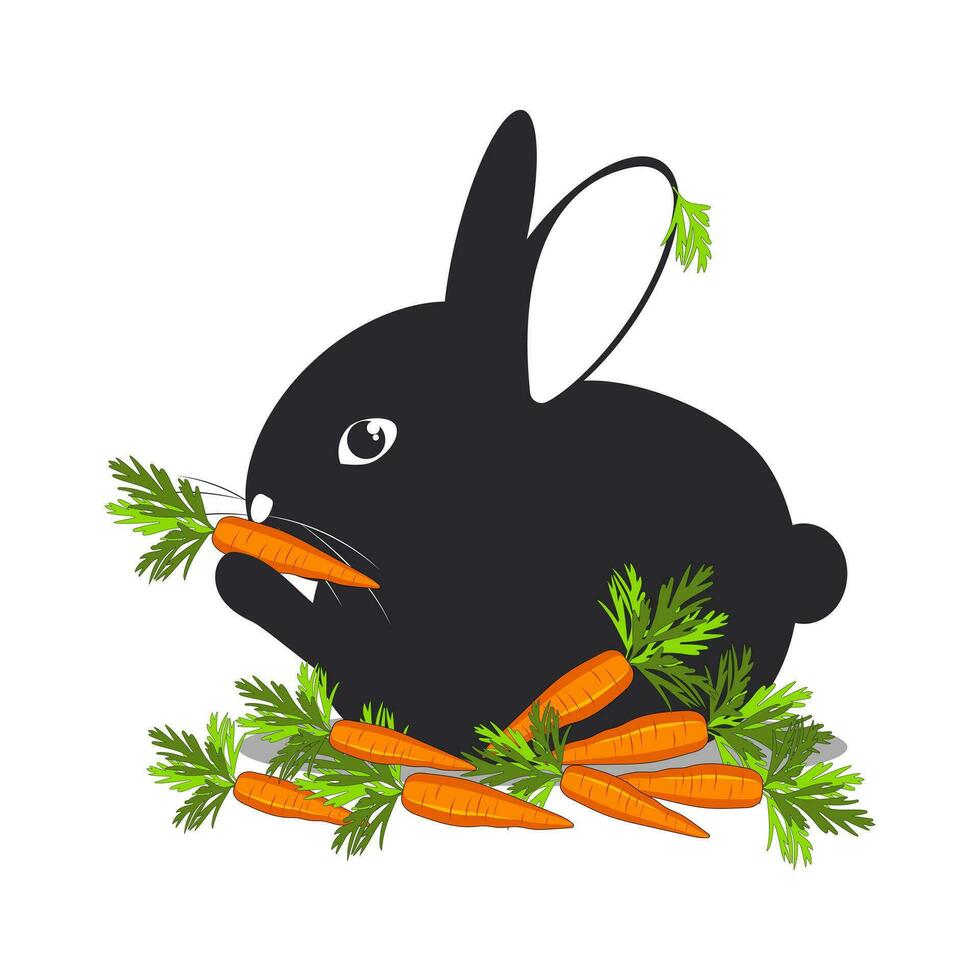 A black cute rabbit among vegetables sits and gnaws on ripe carrots. The hare is isolated on a white background. Vector. vector