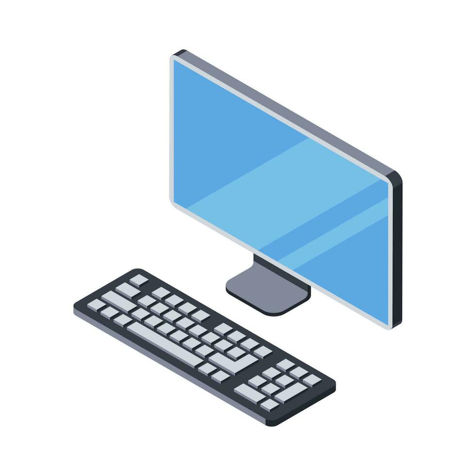 3d icon of monitor with keyboard, computer. Digital Technology Items. Electronics for home, office, work. Isolated object on white background. Vector illustration in isometric style
