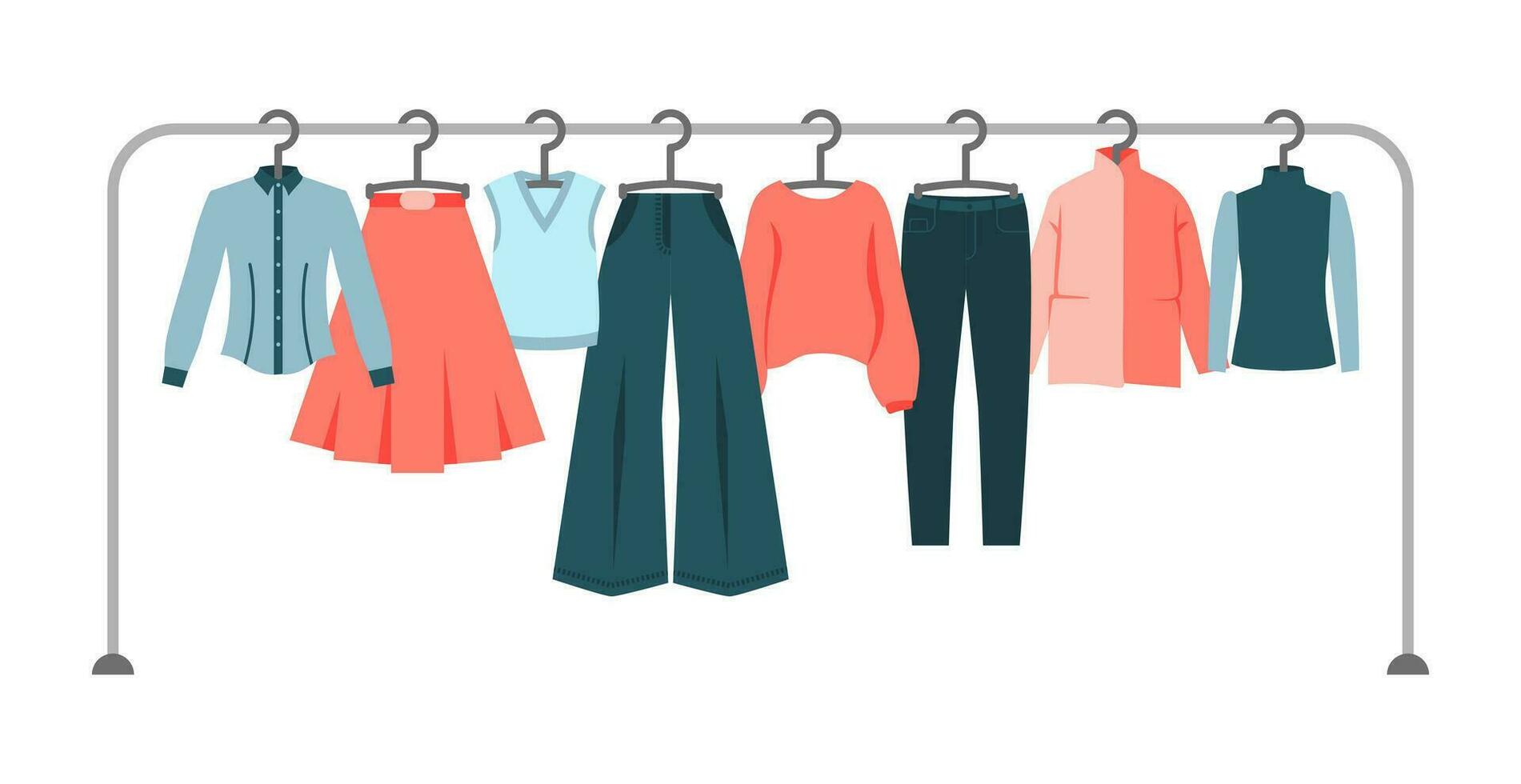 Collection of women's clothing on a hanger. Clothing store, boutique, spring, autumn, winter wardrobe, shopping. Shirt, skirt, vest, trousers, sweater, jeans, jacket, blouse. Flat vector illustration