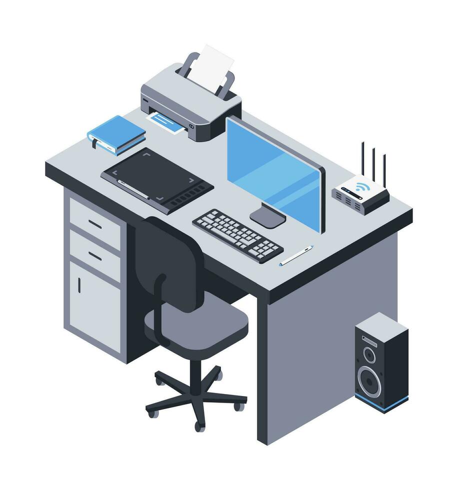 3D workplace, table with computer, printer, router. Work desk with monitor, keyboard, music column, tablet, electronics. Online remote work concept, digital technologies. Vector isometric illustration