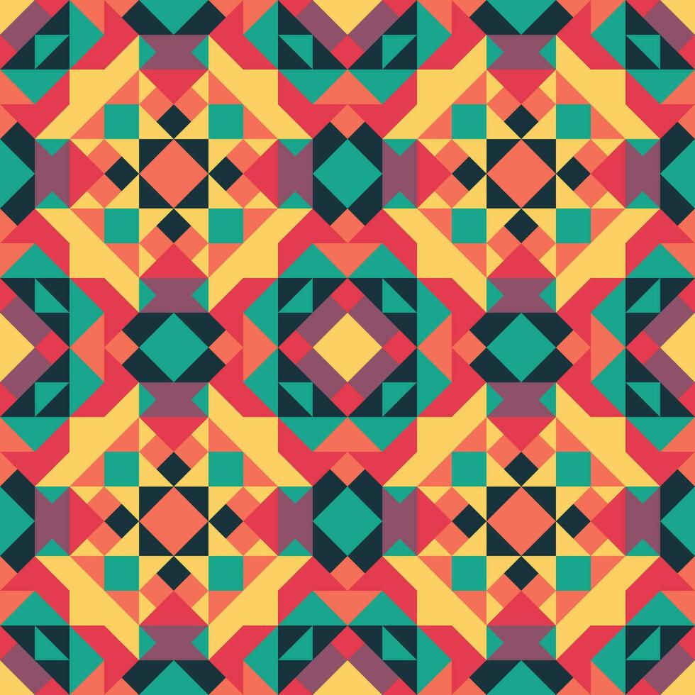 Vector seamless pattern of simple geometric shapes. Repeating endless ornament of squares, rhombuses and triangles. Colorful abstract background, wallpaper. Image with kaleidoscope effect, tiles