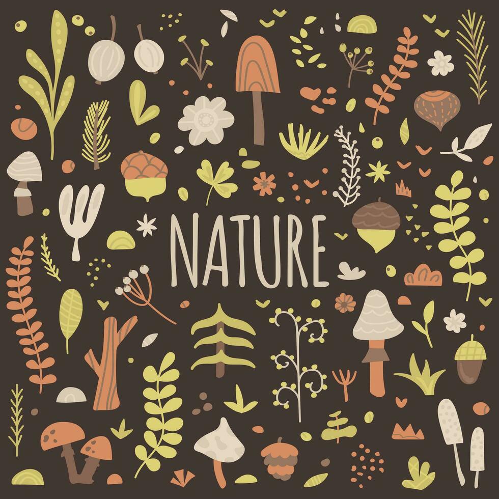 naturaleza, estaciones, primavera, verano. grande colección de natural botánico elementos. conjunto de hojas, flor, champiñón, bayas, bellota, cono, tuerca, hierbas y sucursales. vector mano dibujado plano ilustración, tarjeta