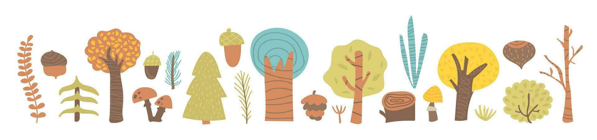 Collection of trees, bushes, mushrooms and acorn. Decorated plants of the forest, park, garden, grove. Clip art hand drawn botanical elements, nature. Vector illustration in flat style, seasons banner