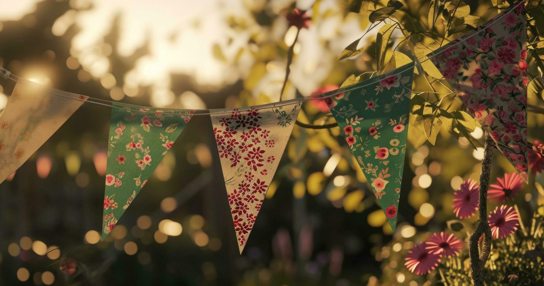 AI generated bunting banners hanging near some flowers outside photo