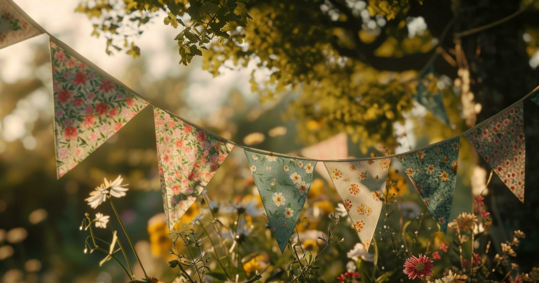 AI generated bright flowers on buntings in the garden photo