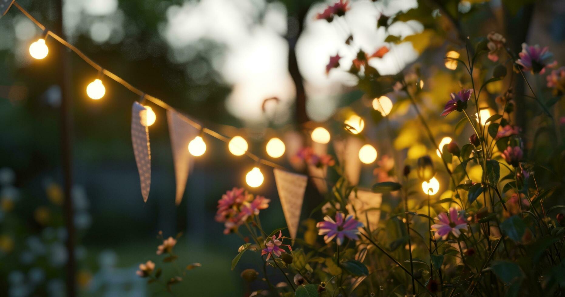 AI generated bunting is hung above flowers in a patio or yard at a party photo