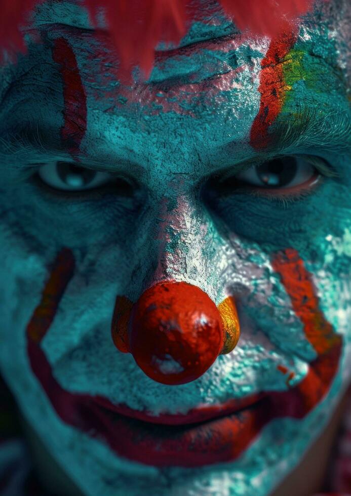 AI generated clown's face with colorful make up around his nose photo