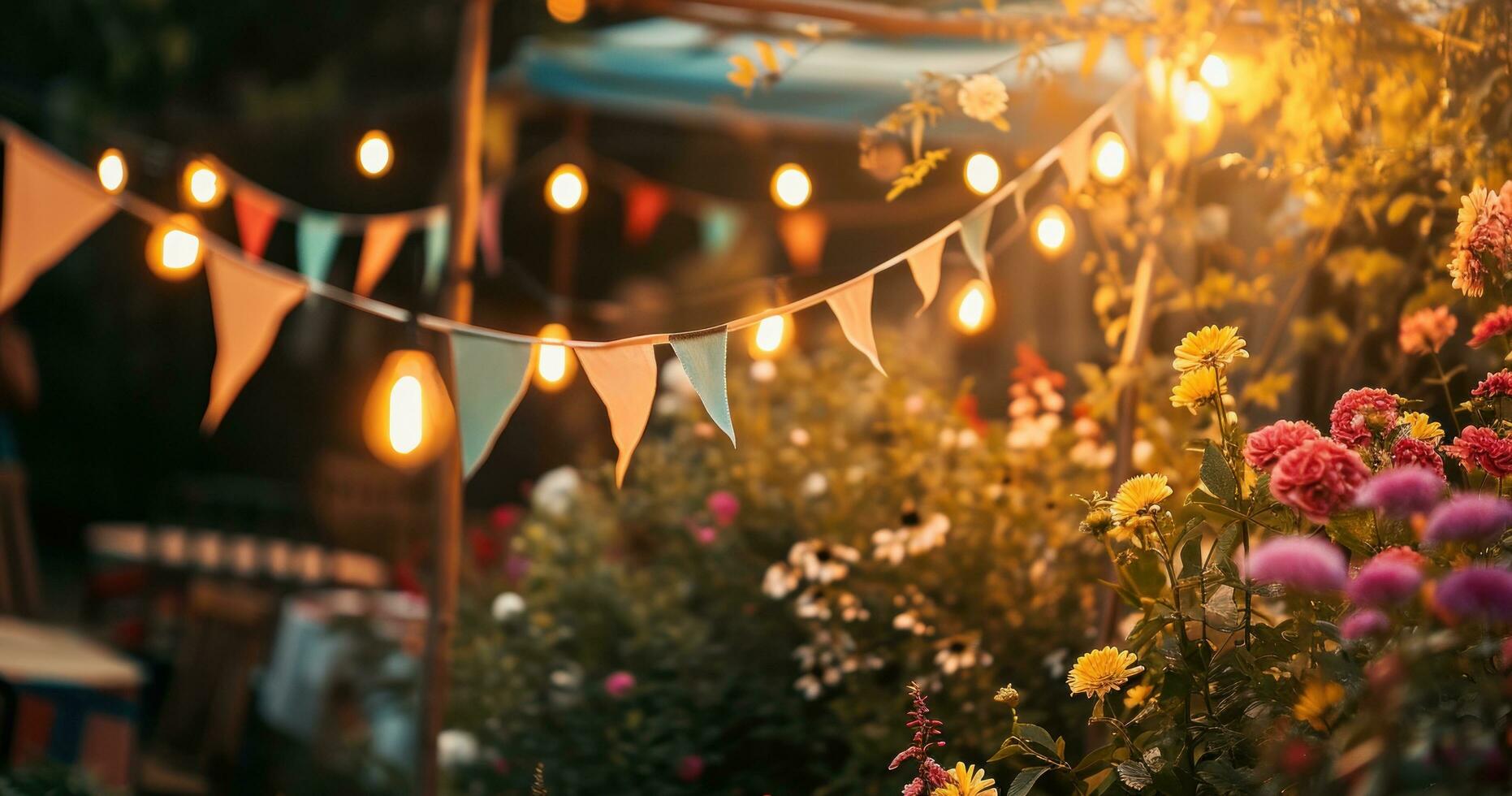 AI generated bunting is hung above flowers in a patio or yard at a party photo