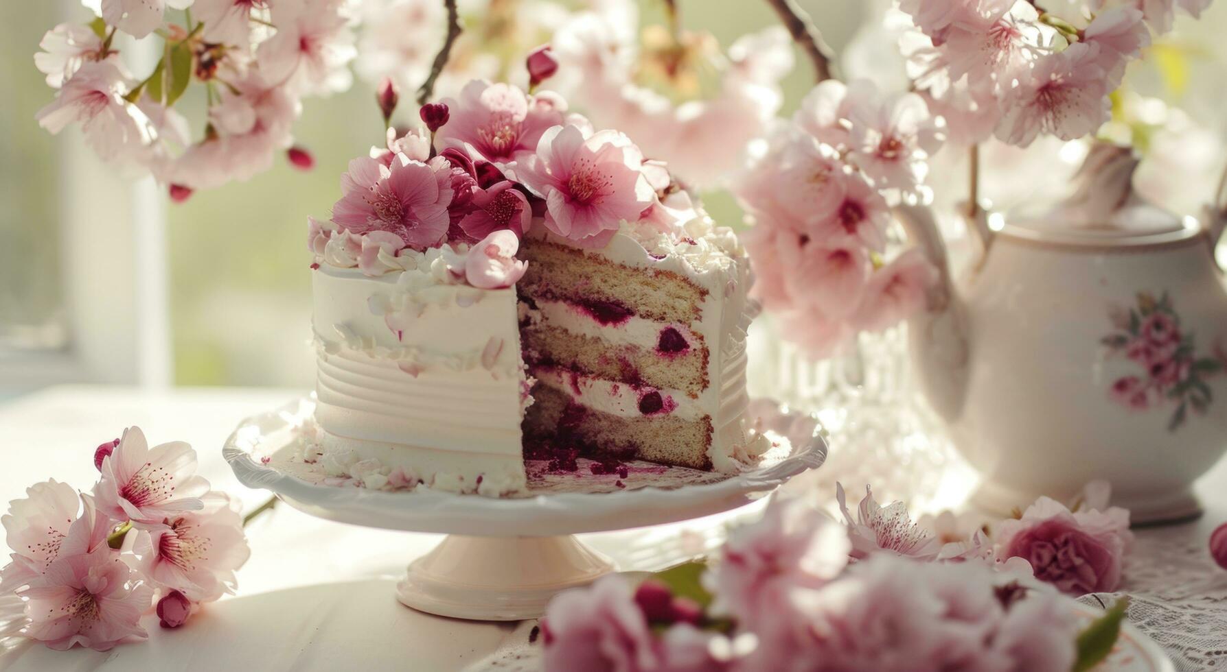 AI generated beautiful pink flowers are shown behind the cake and teapot photo