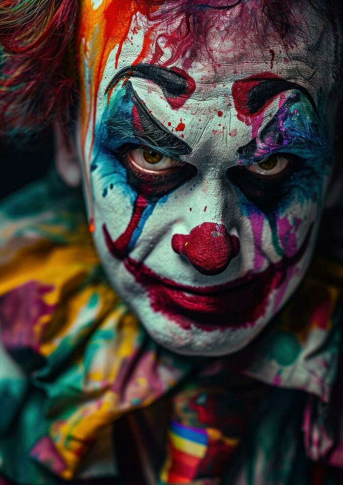 ai generado vistoso payaso con vistoso pintar, maquillaje y un atar, foto