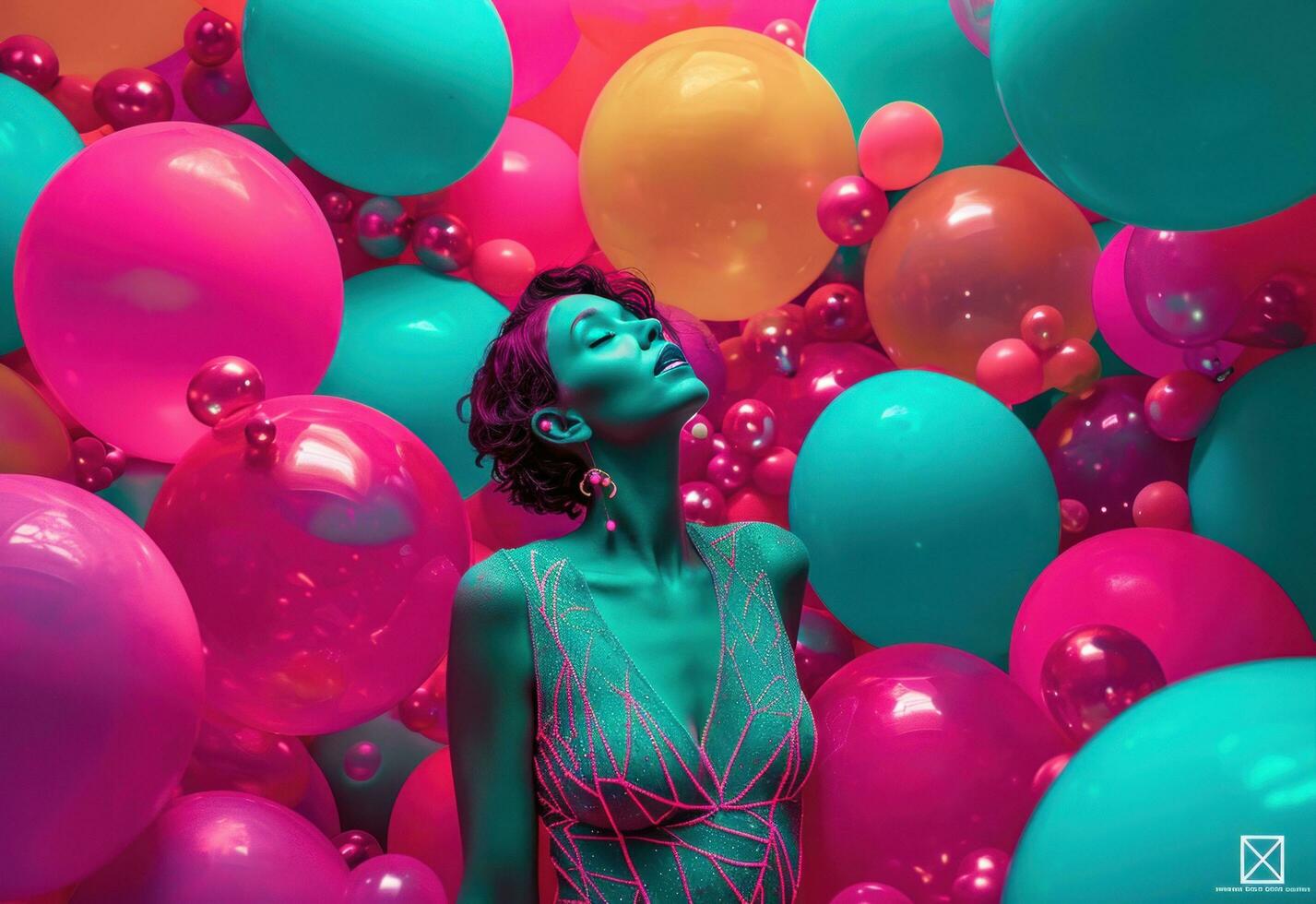 AI generated colorful woman with colorful balloons photo