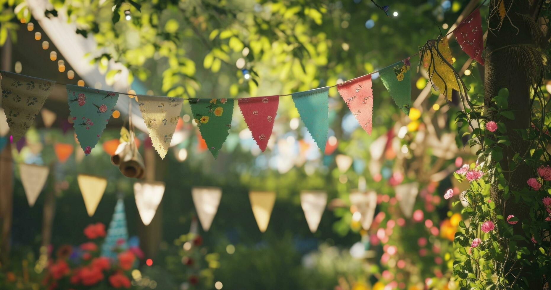 AI generated colorful bunting for a party in a garden photo