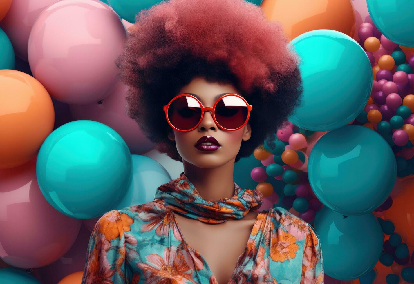 AI generated colorful woman with colorful balloons photo