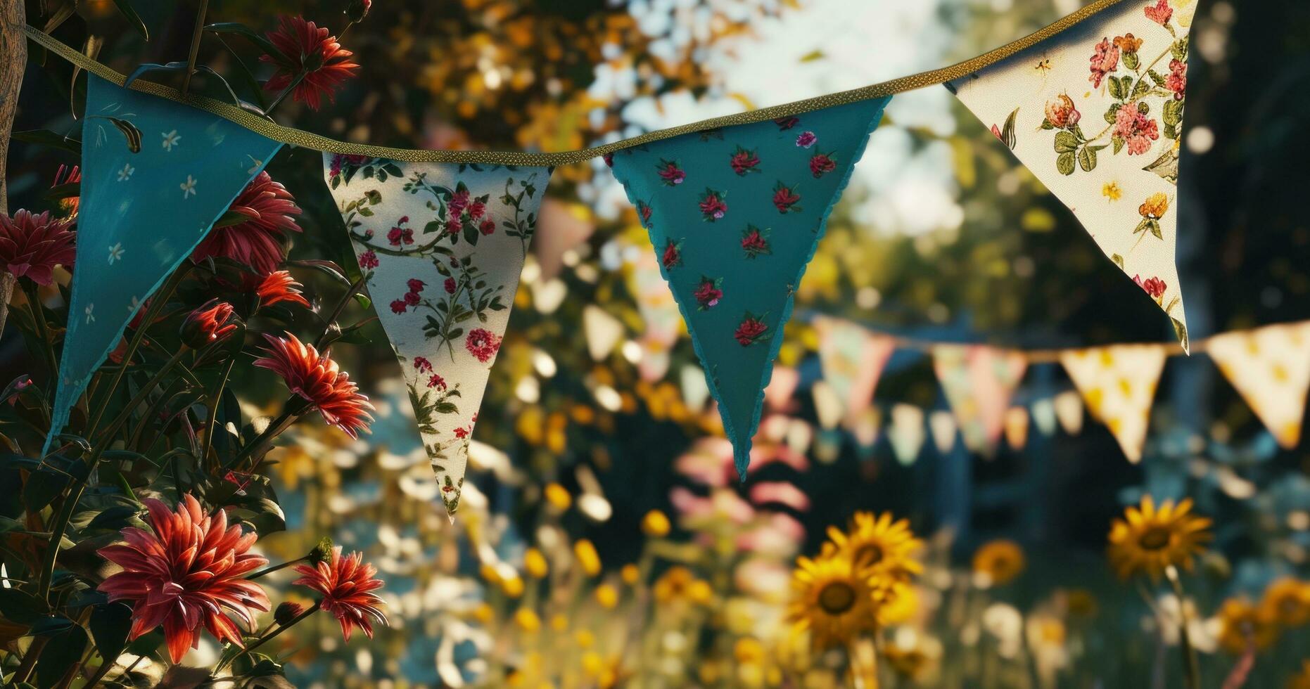 AI generated bright flowers on buntings in the garden photo