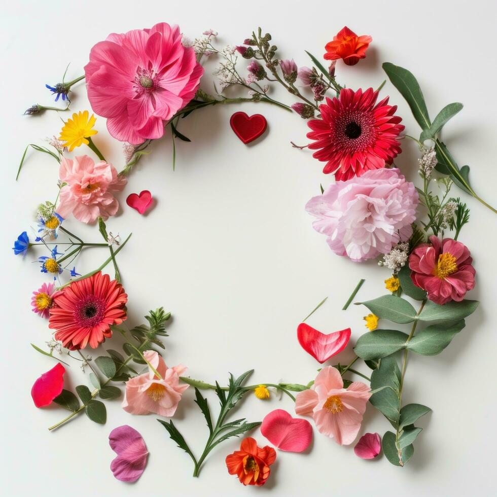 AI generated flowers and hearts have been arranged in a circle around a white backdrop photo