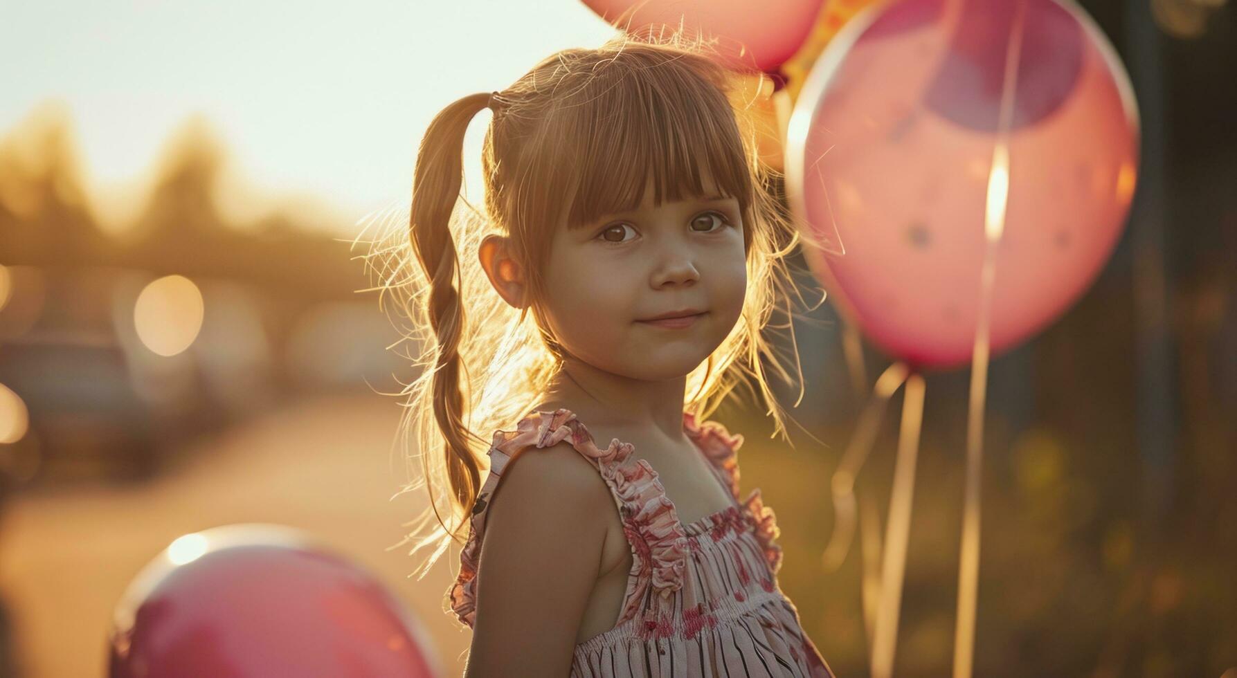 AI generated girl with a pink balloon in nature photo