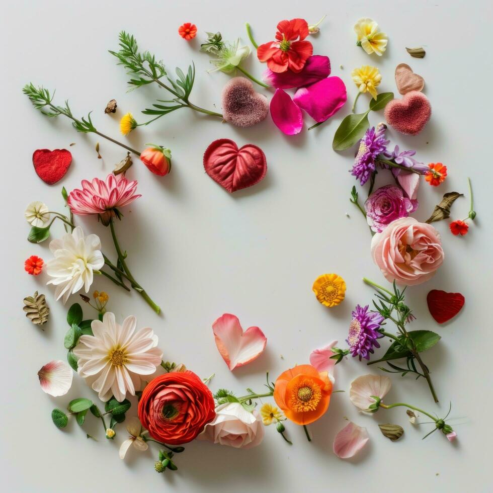 AI generated flowers and hearts have been arranged in a circle around a white backdrop photo