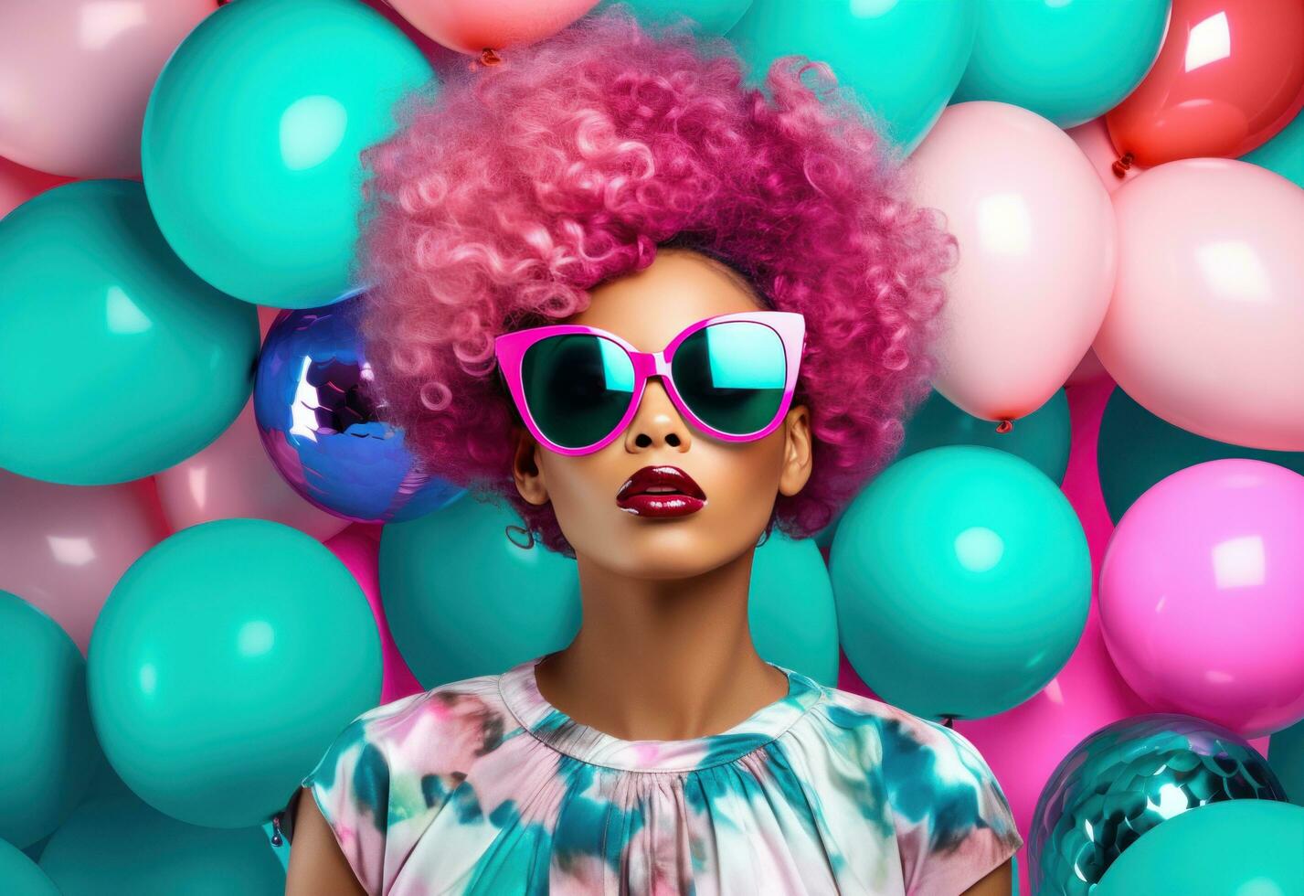 AI generated colorful woman with colorful balloons photo