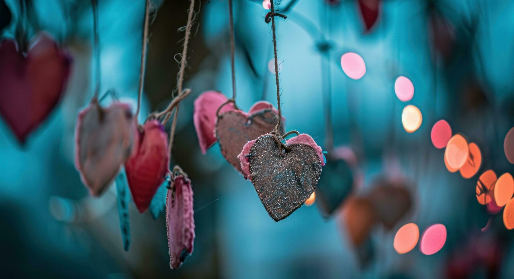 ai generado corazones colgado desde instrumentos de cuerda en de cuerda pancartas foto