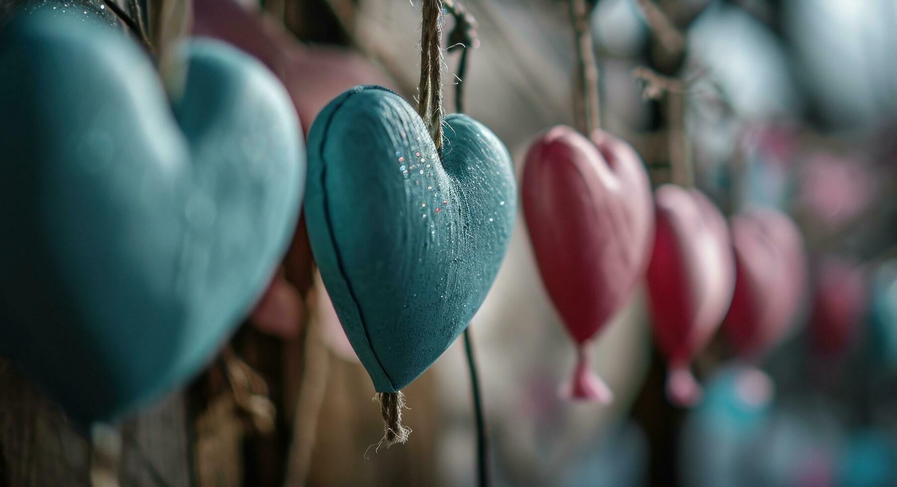 AI generated hearts hung from strings on stringed banners photo